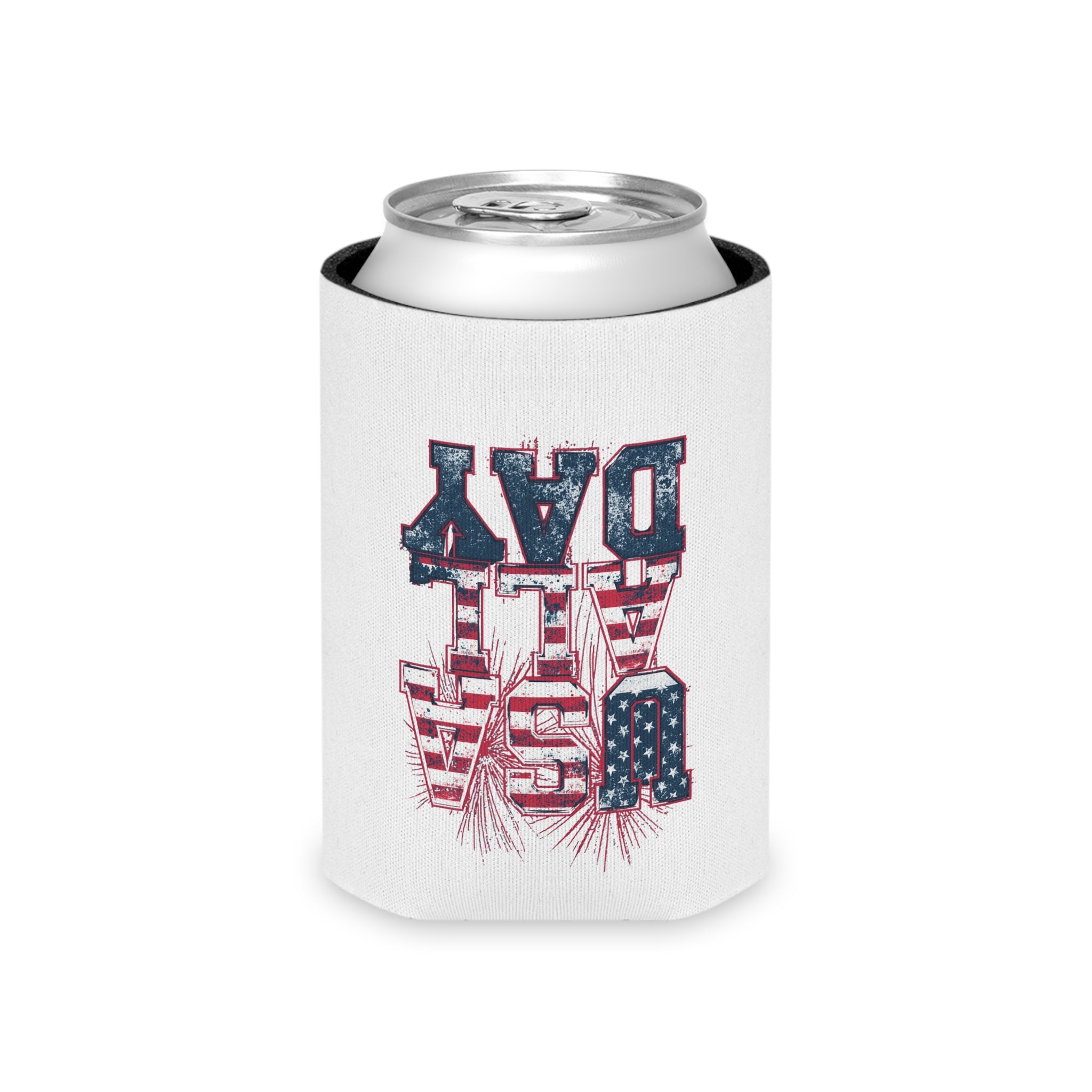 Can Cooler — "USA All Day" American Flag Fireworks Patriotic Beer Koozie