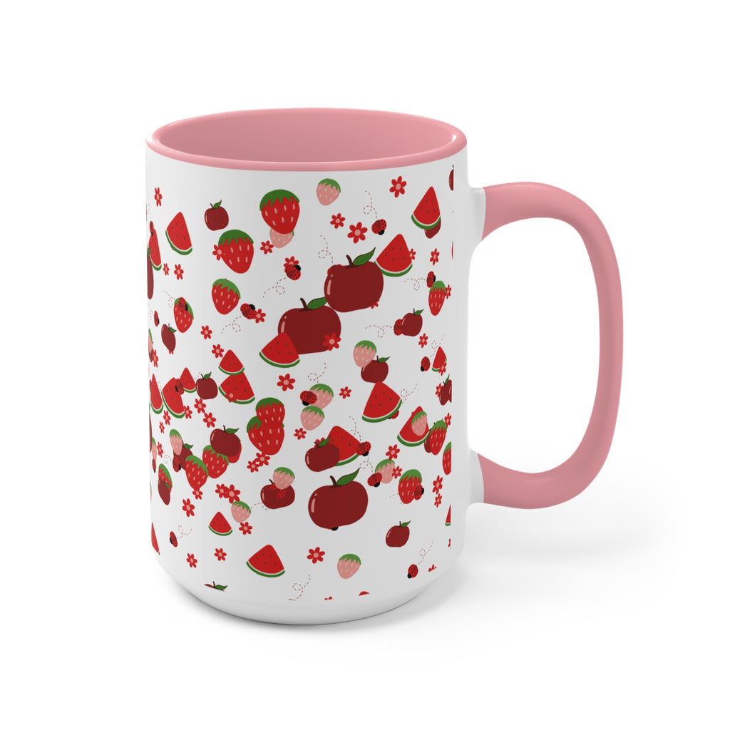 Strawberry & Watermelon Accent Mug — Pink Interior Fruit Pattern Coffee Cup