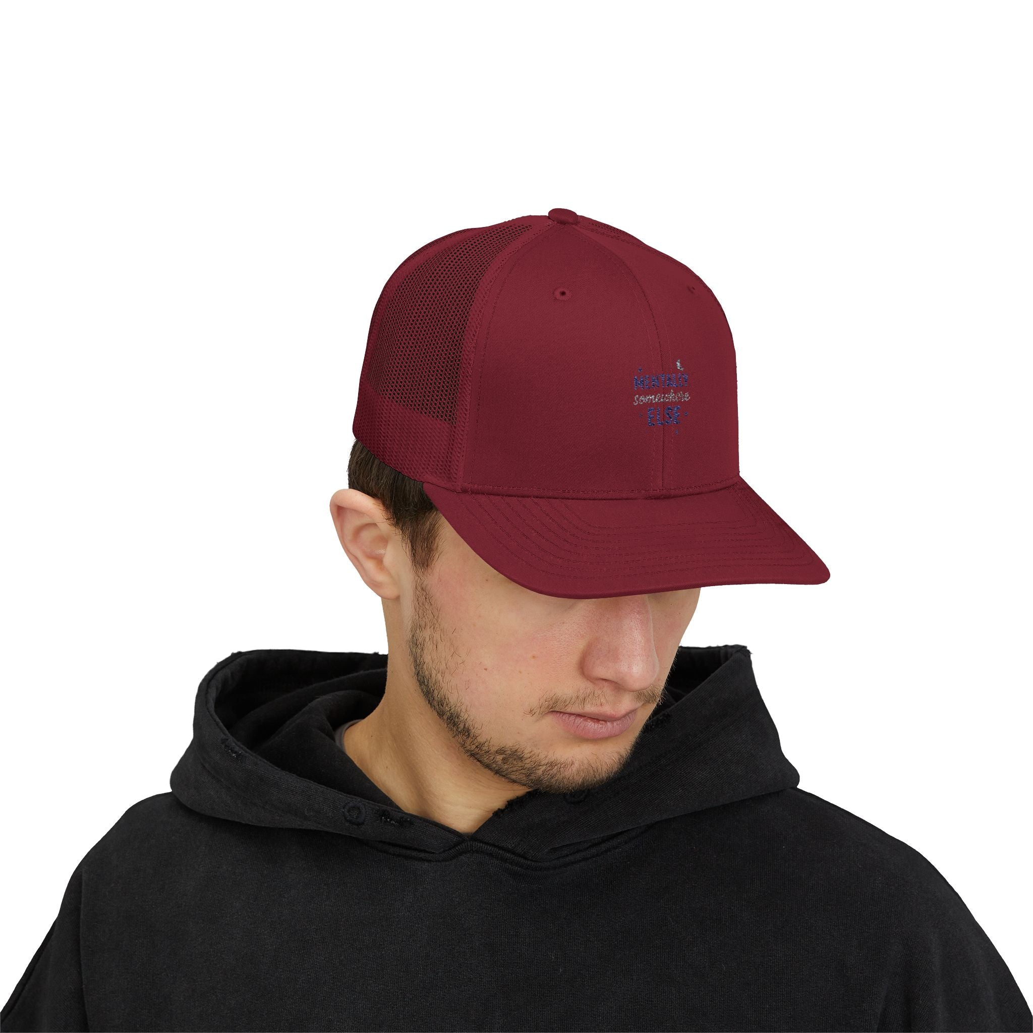 Trucker Cap — 'Mentally Somewhere Else' Minimal Embroidered Snapback