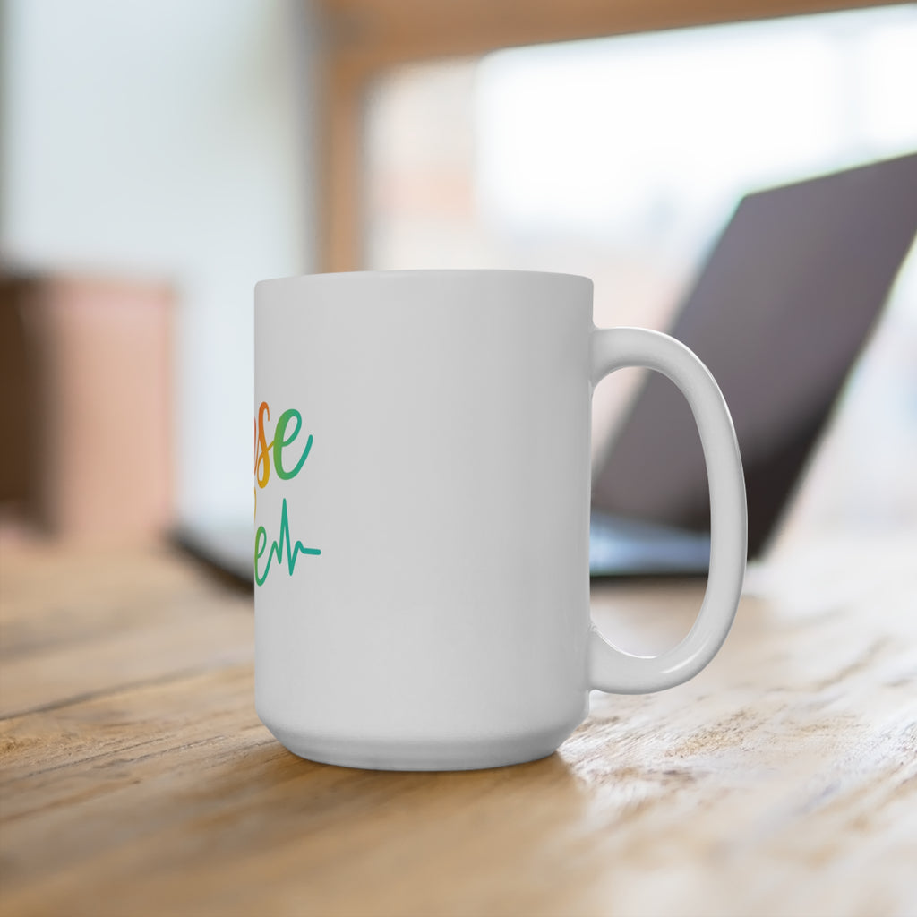 Nurse Life 15oz Ceramic Mug — Rainbow Script with Heartbeat Design