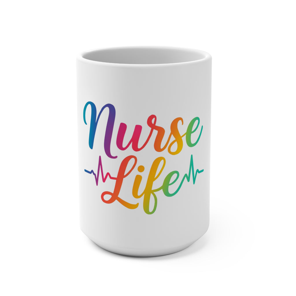 Nurse Life 15oz Ceramic Mug — Rainbow Script with Heartbeat Design