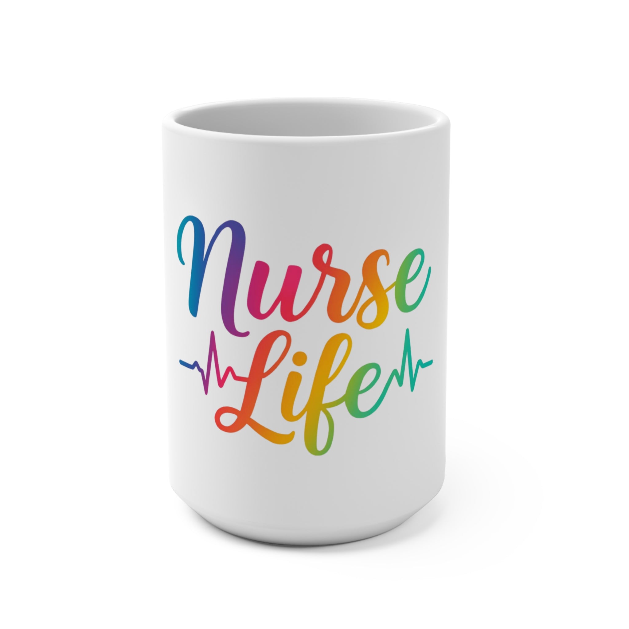 Nurse Life 15oz Ceramic Mug — Rainbow Script with Heartbeat Design