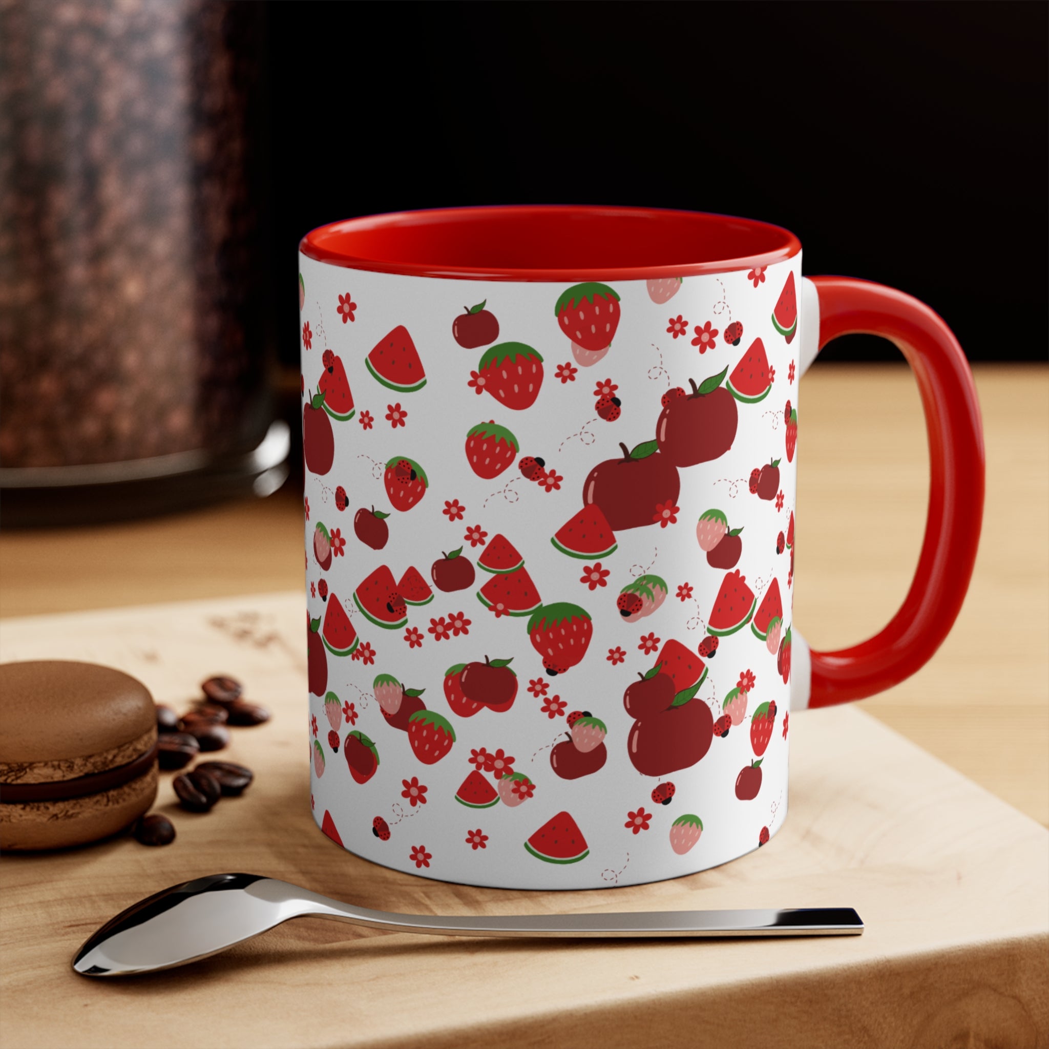 Strawberry & Watermelon Accent Mug — Pink Interior Fruit Pattern Coffee Cup