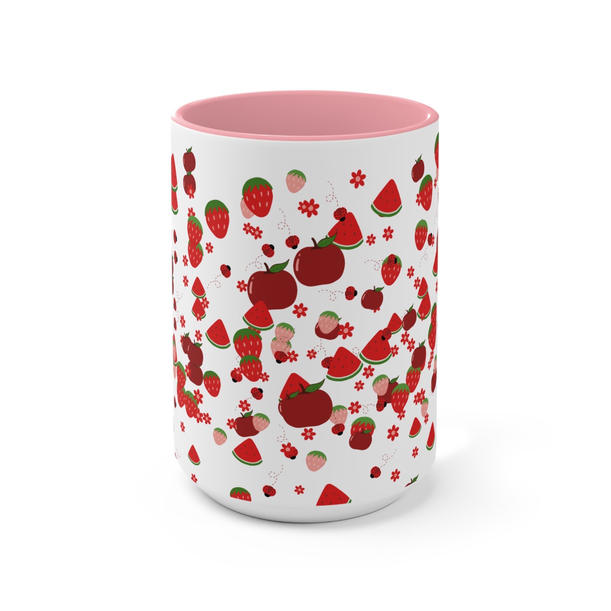 Strawberry & Watermelon Accent Mug — Pink Interior Fruit Pattern Coffee Cup