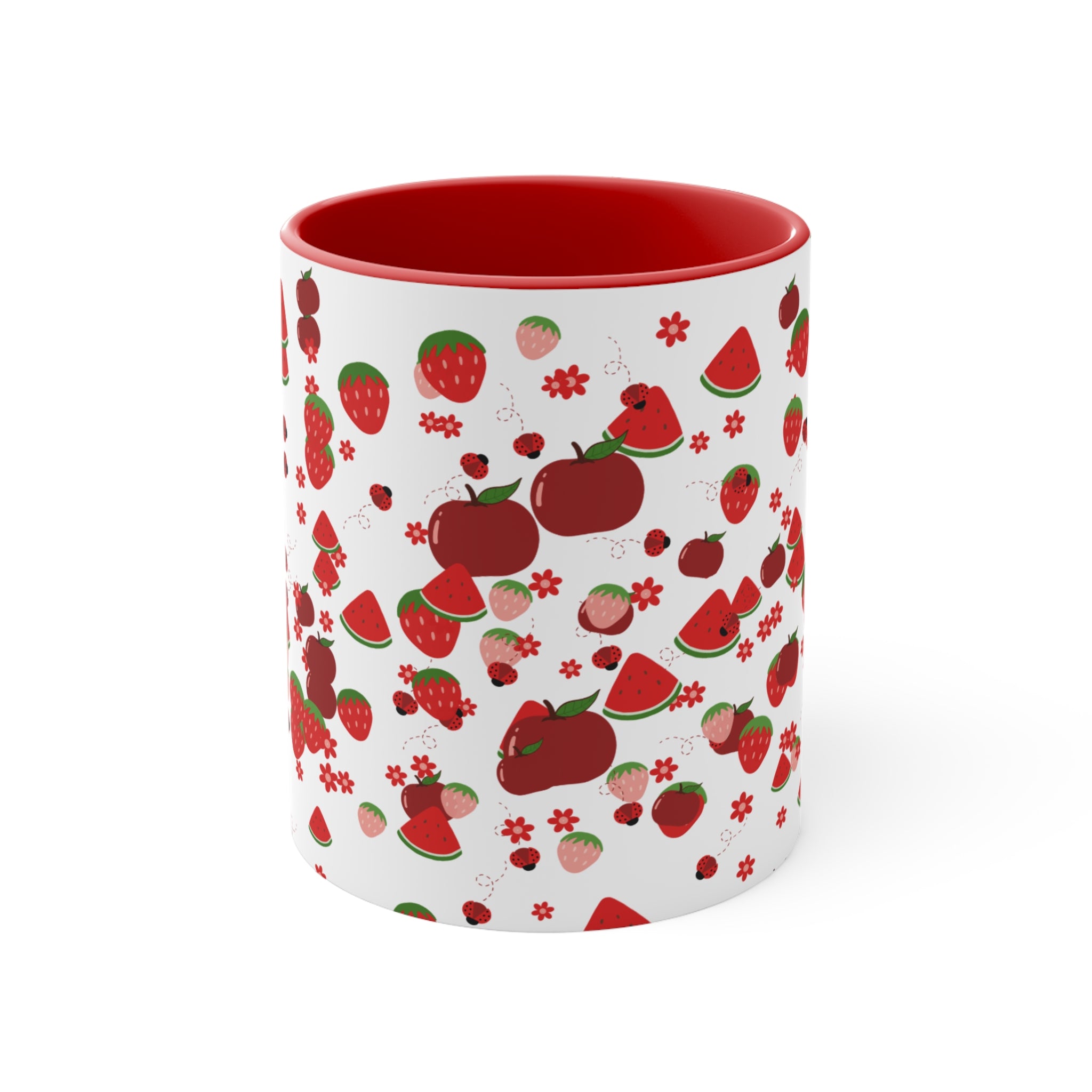 Strawberry & Watermelon Accent Mug — Pink Interior Fruit Pattern Coffee Cup