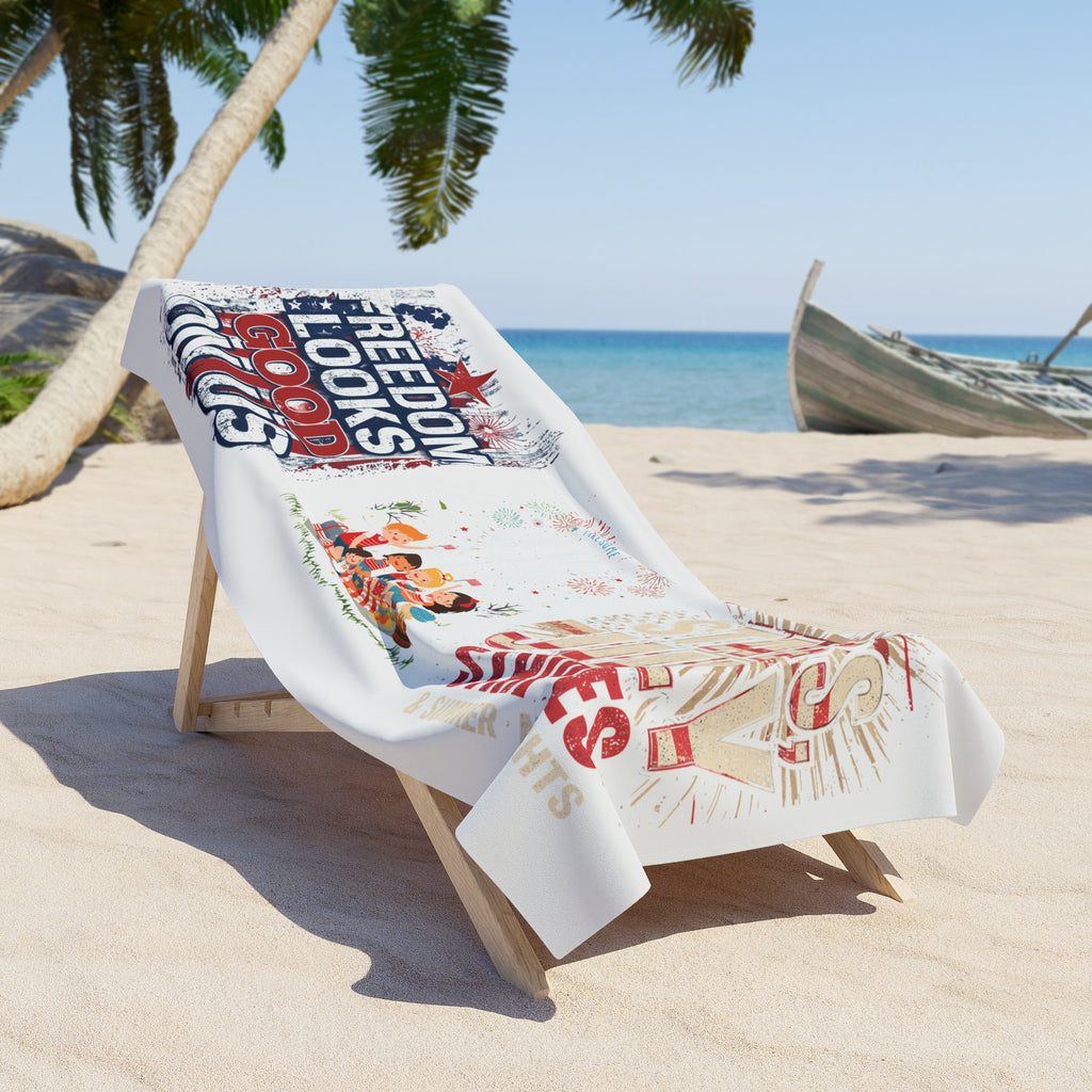 Patriotic 4th of July Beach Towel — "Freedom Looks Good on Us" Fireworks & Stripes