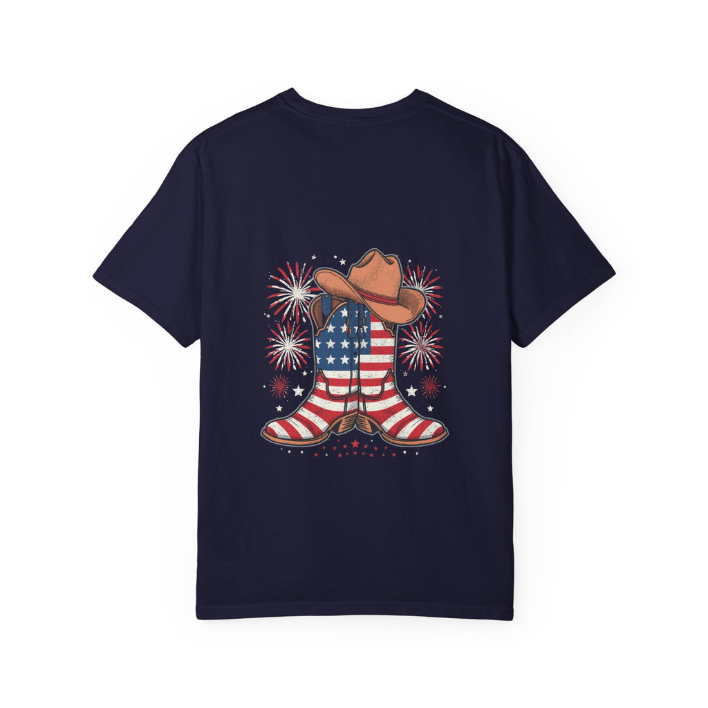 Patriotic Cowboy Boots T-Shirt — "Stars, Stripes, Good Vibes" 4th of July Tee