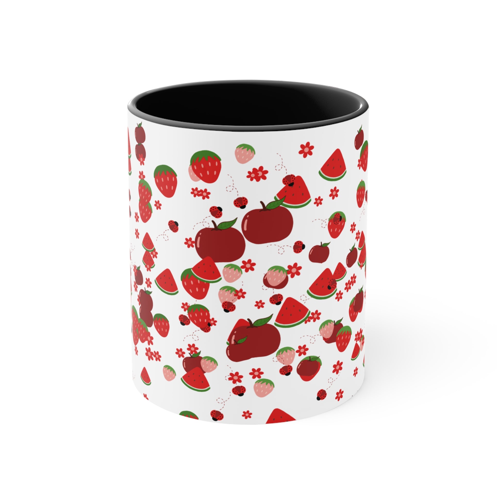 Strawberry & Watermelon Accent Mug — Pink Interior Fruit Pattern Coffee Cup