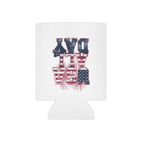 Can Cooler — "USA All Day" American Flag Fireworks Patriotic Beer Koozie