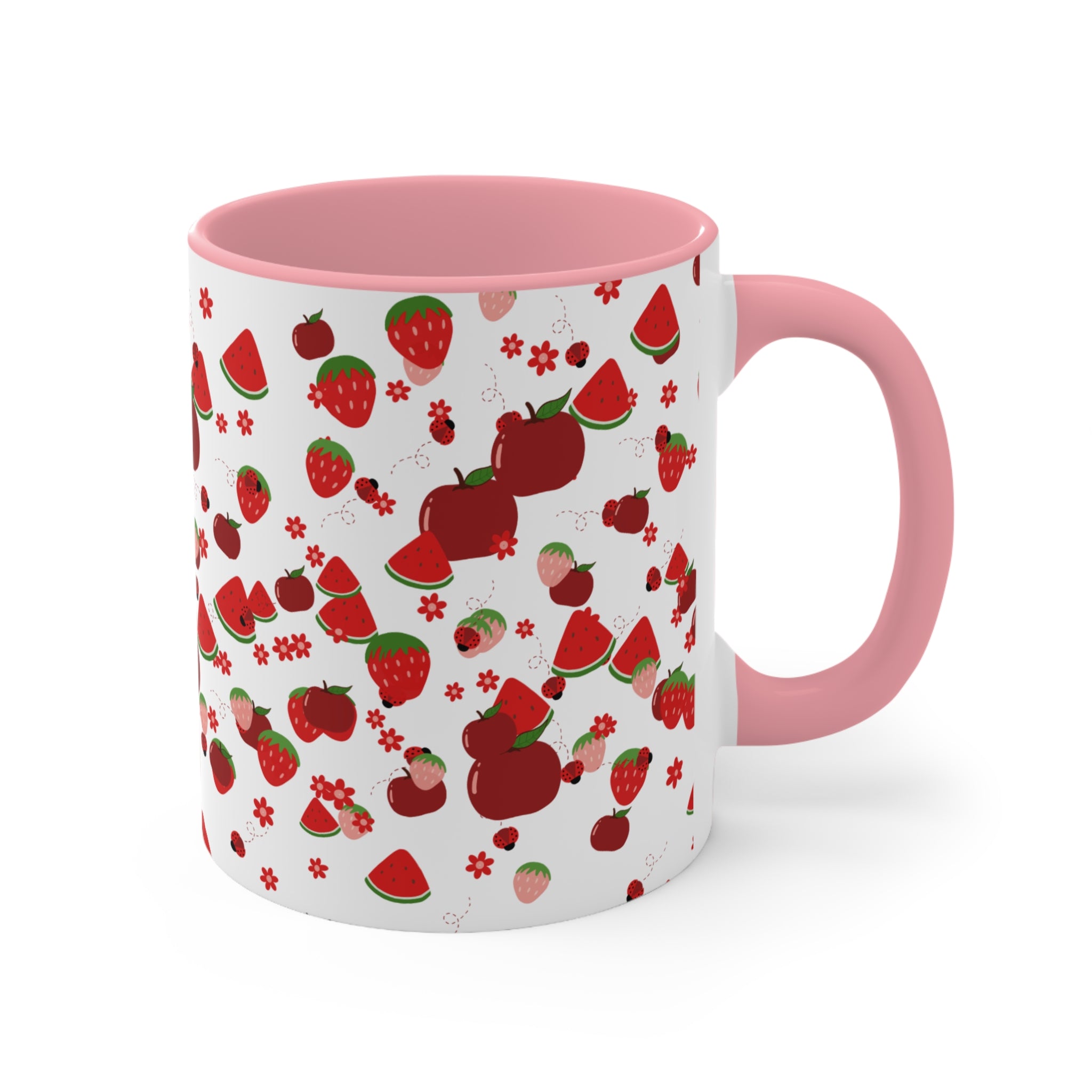Strawberry & Watermelon Accent Mug — Pink Interior Fruit Pattern Coffee Cup