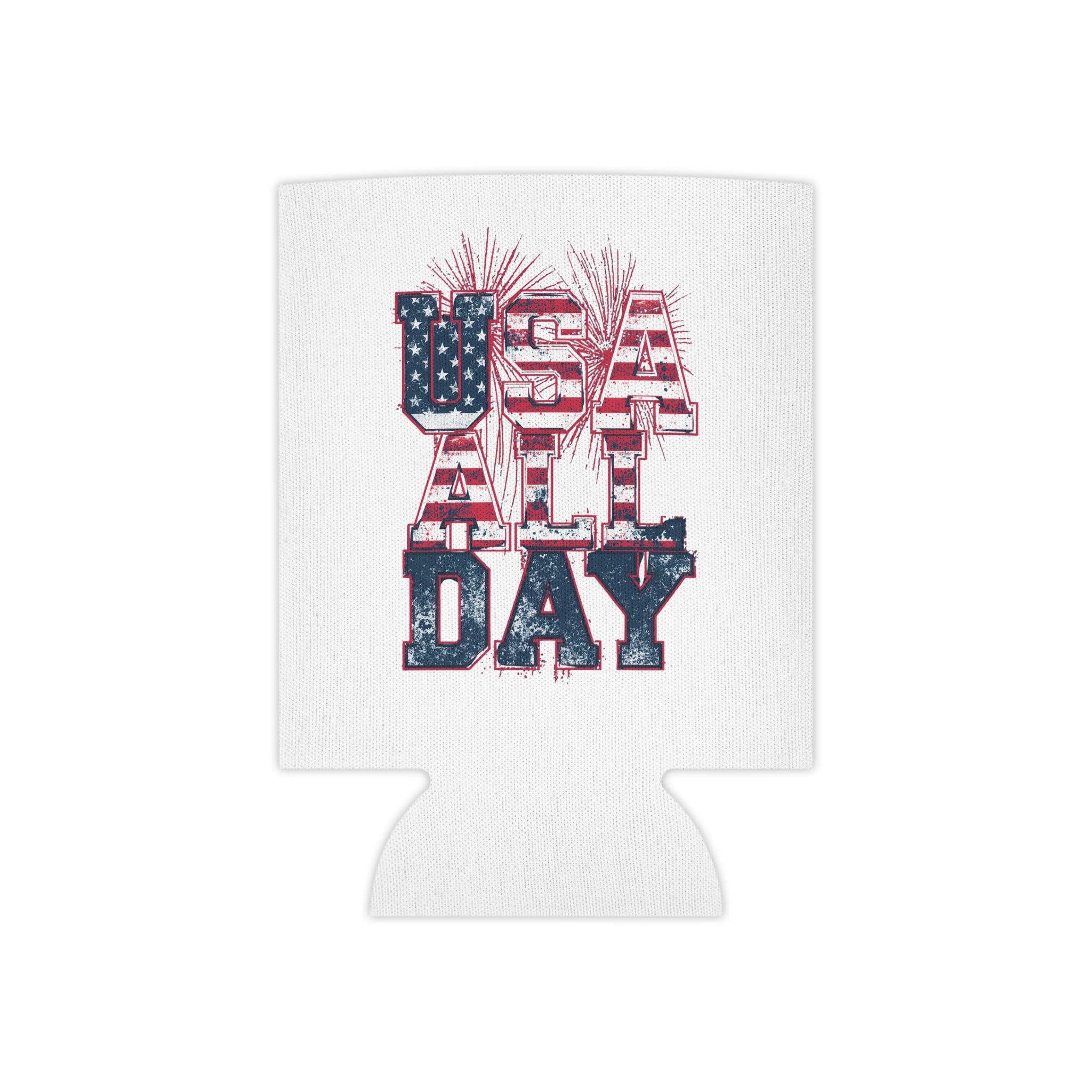 Can Cooler — "USA All Day" American Flag Fireworks Patriotic Beer Koozie