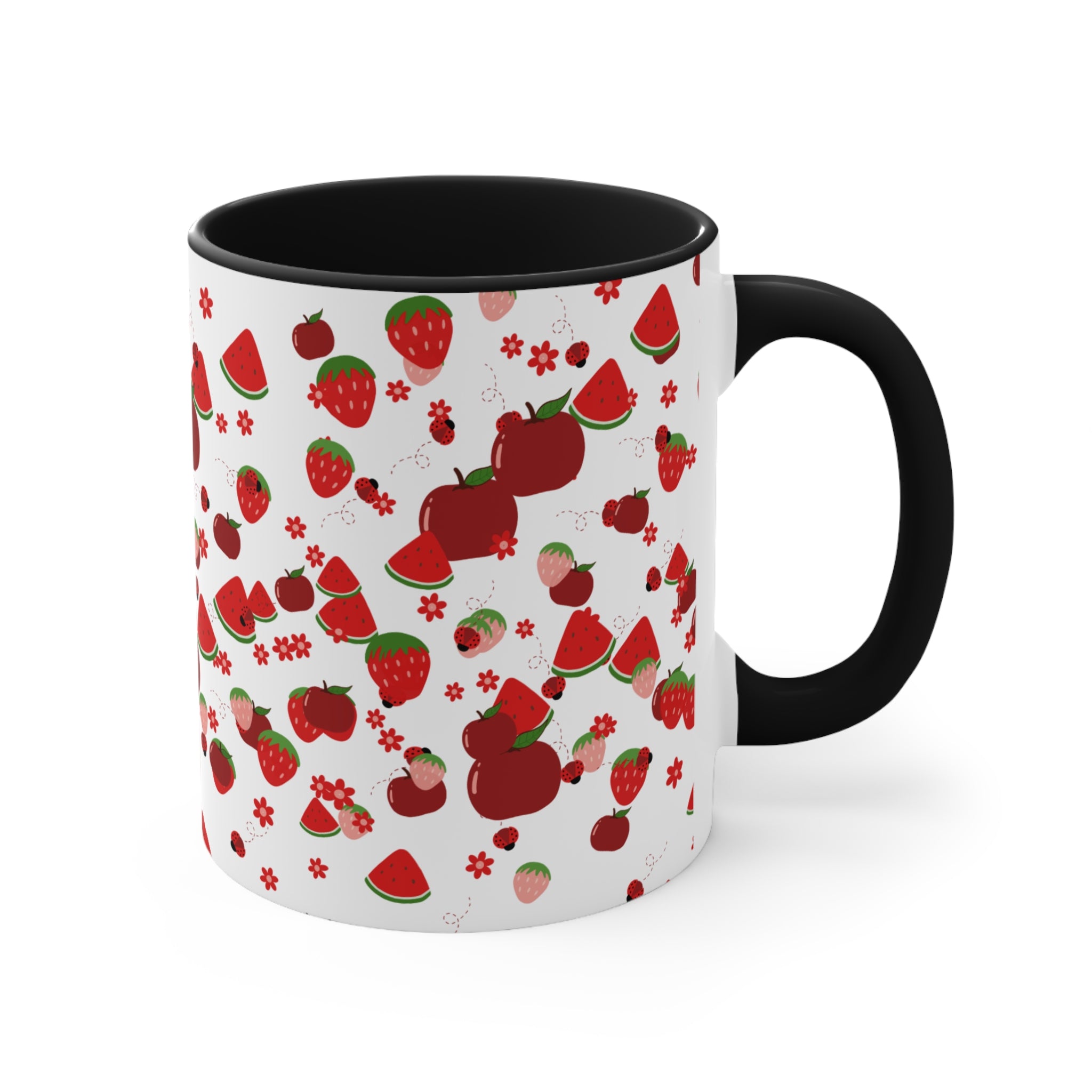 Strawberry & Watermelon Accent Mug — Pink Interior Fruit Pattern Coffee Cup
