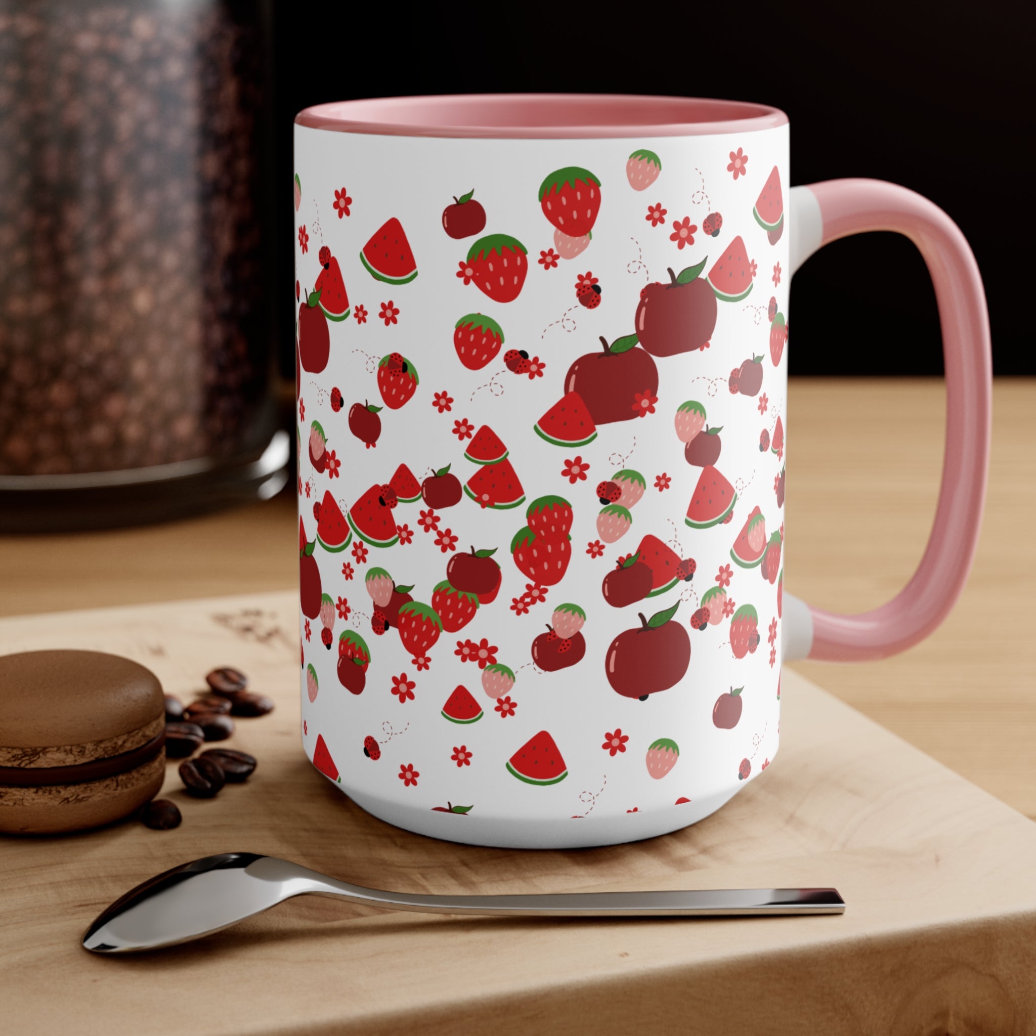 Strawberry & Watermelon Accent Mug — Pink Interior Fruit Pattern Coffee Cup