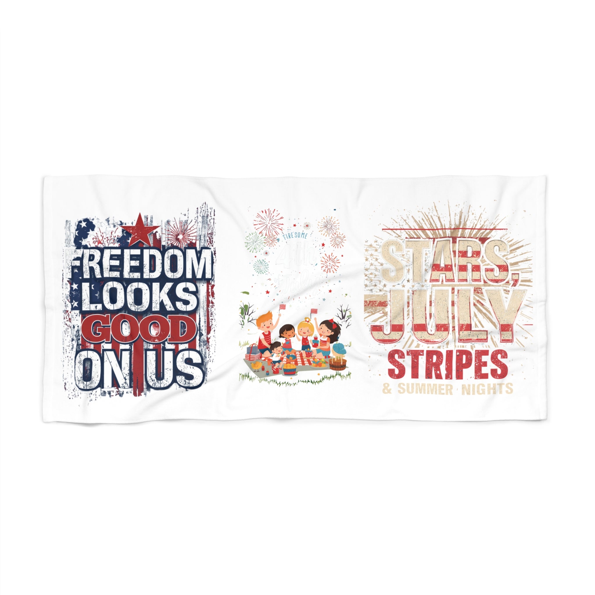 Patriotic 4th of July Beach Towel — "Freedom Looks Good on Us" Fireworks & Stripes