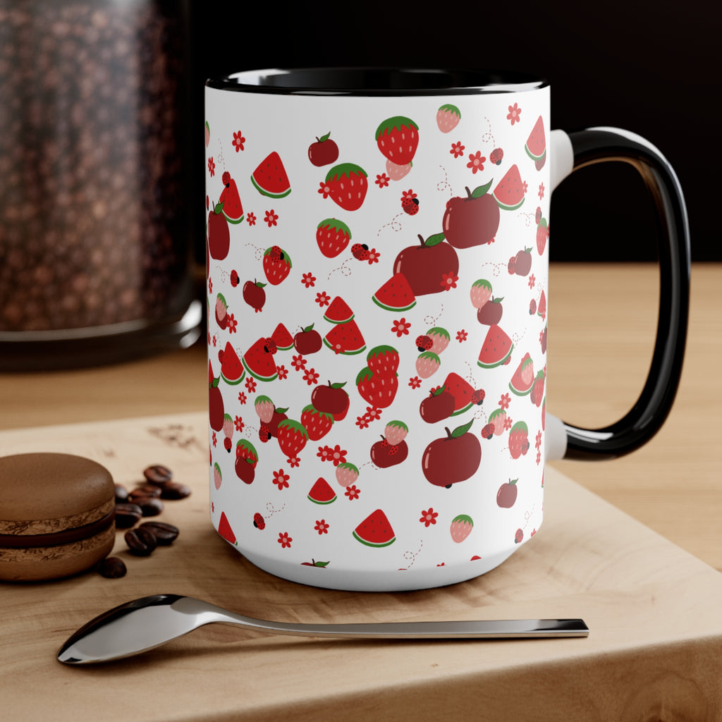 Strawberry & Watermelon Accent Mug — Pink Interior Fruit Pattern Coffee Cup