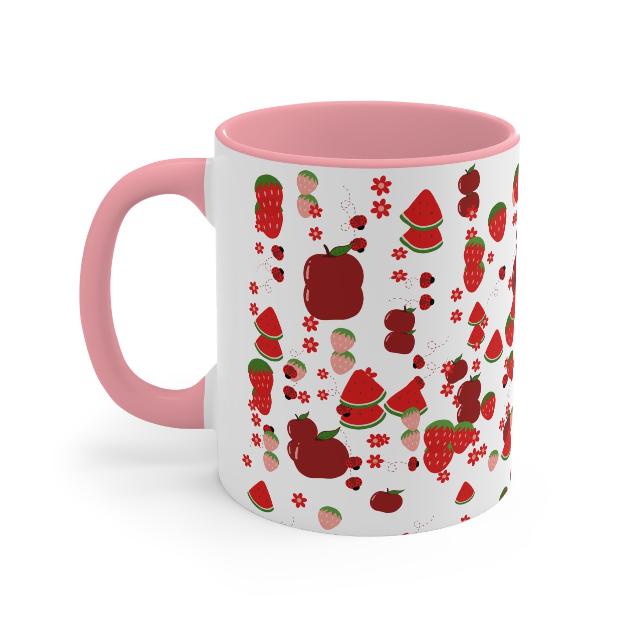Strawberry & Watermelon Accent Mug — Pink Interior Fruit Pattern Coffee Cup