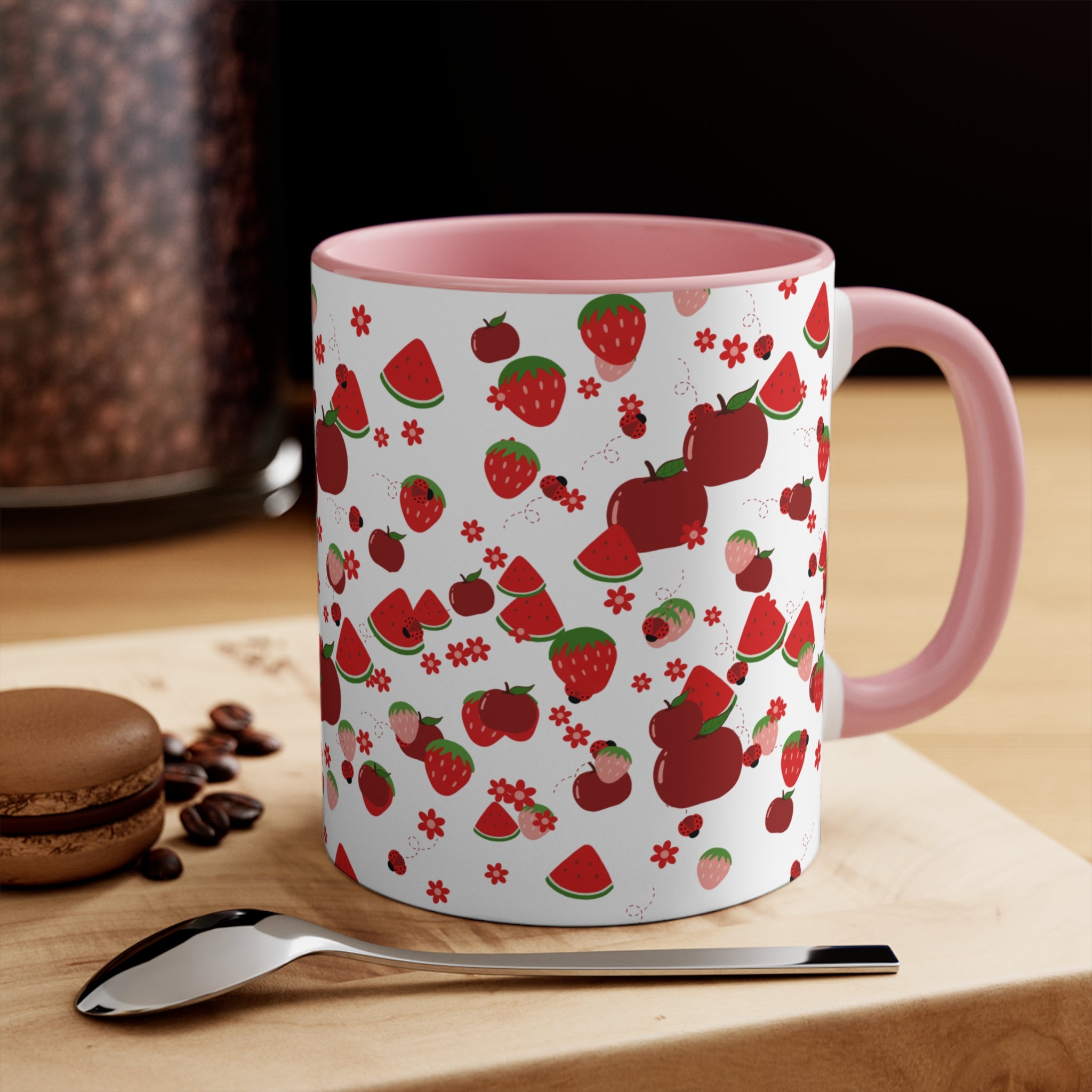 Strawberry & Watermelon Accent Mug — Pink Interior Fruit Pattern Coffee Cup