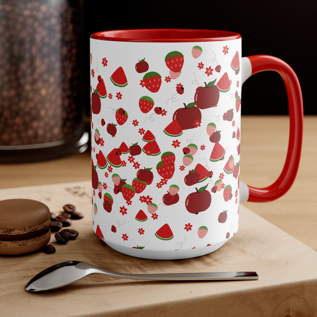 Strawberry & Watermelon Accent Mug — Pink Interior Fruit Pattern Coffee Cup