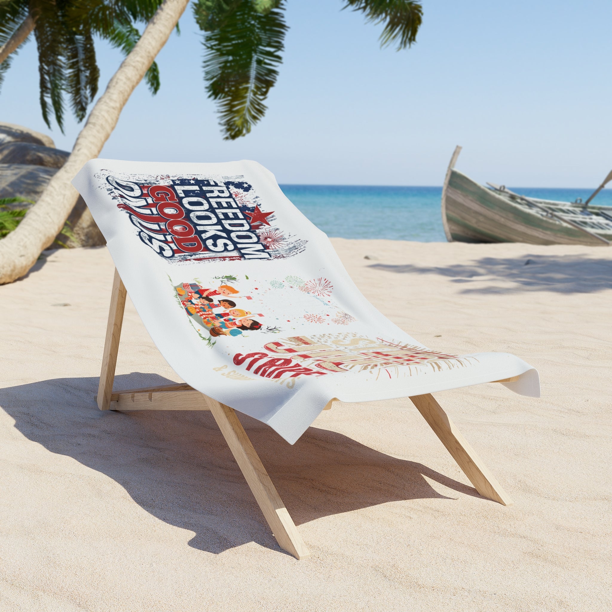 Patriotic 4th of July Beach Towel — "Freedom Looks Good on Us" Fireworks & Stripes