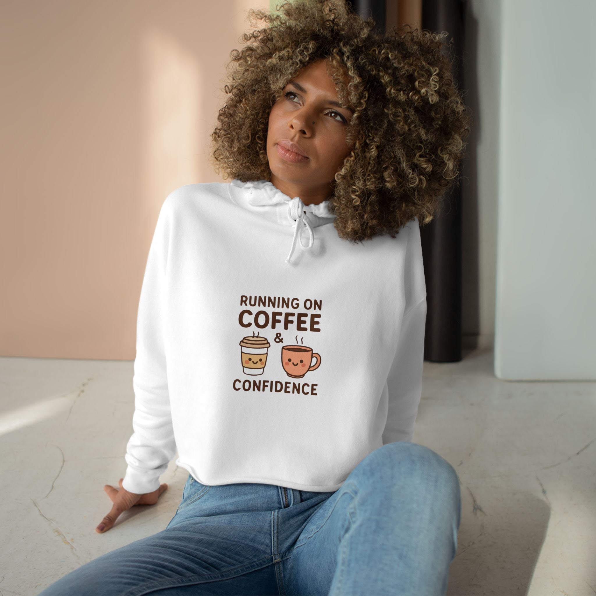 Coffee & Confidence Crop Hoodie — 'Running on Coffee & Confidence' Cute Graphic Crop Sweatshirt